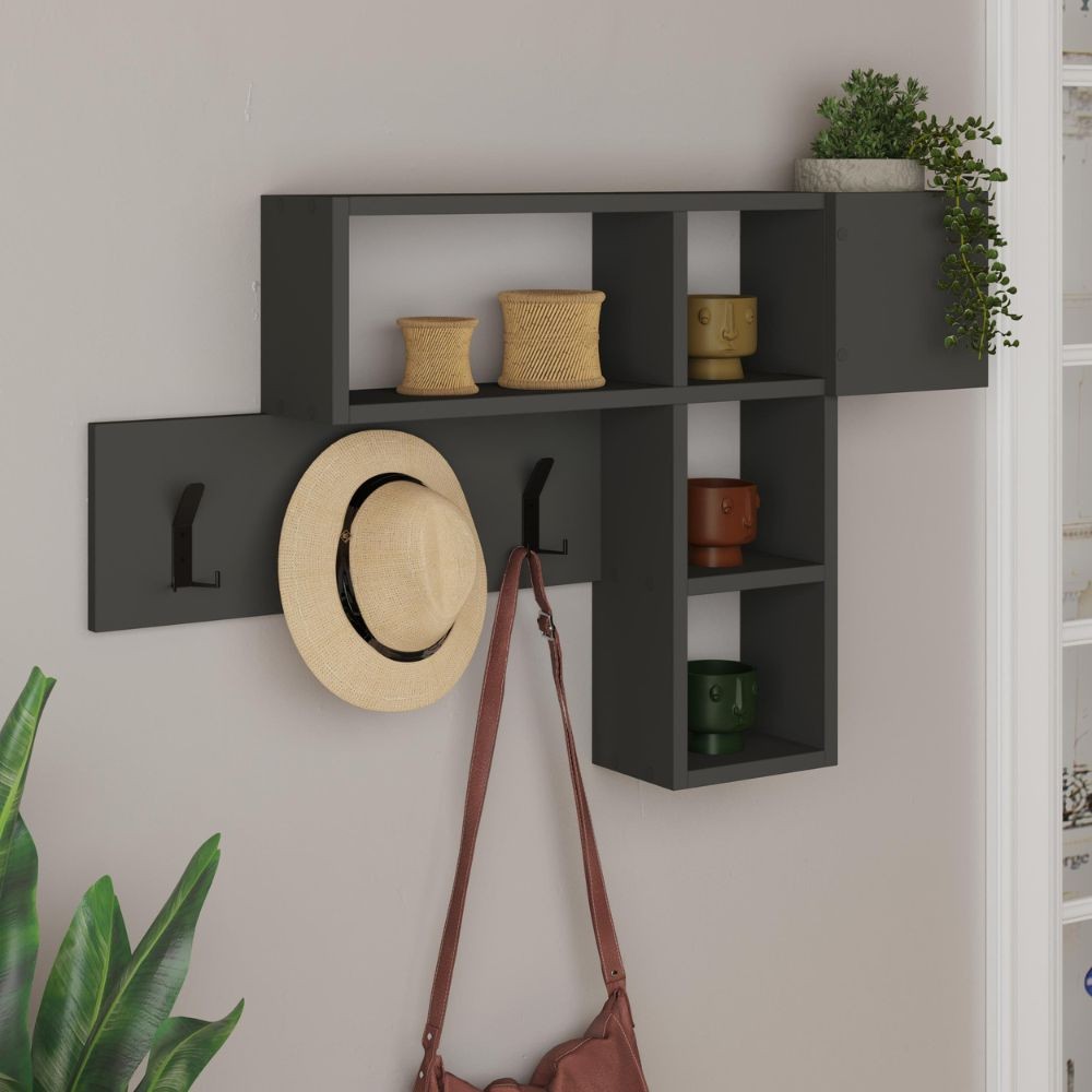 Appendiabiti da parete antracite con 3 ganci appendiabiti e 4 nicchie a giorno Game