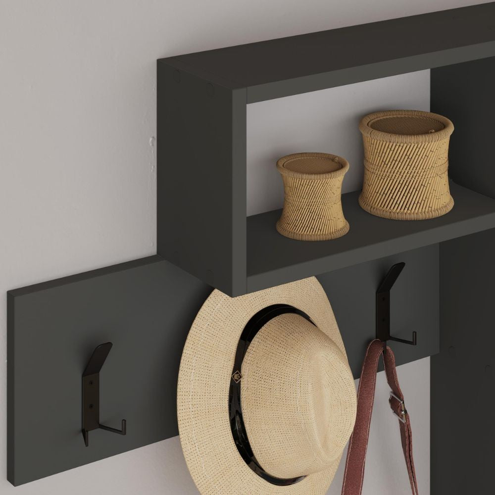 Appendiabiti da parete antracite con 3 ganci appendiabiti e 4 nicchie a giorno Game