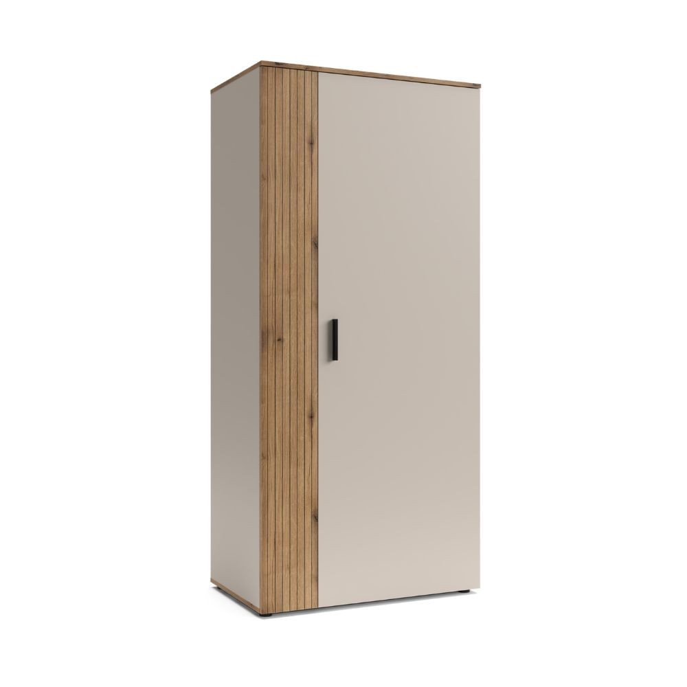 Armadio Frezo08 2 ante battenti con dettaglio a listelli verticali colore cashmere e rovere evoque