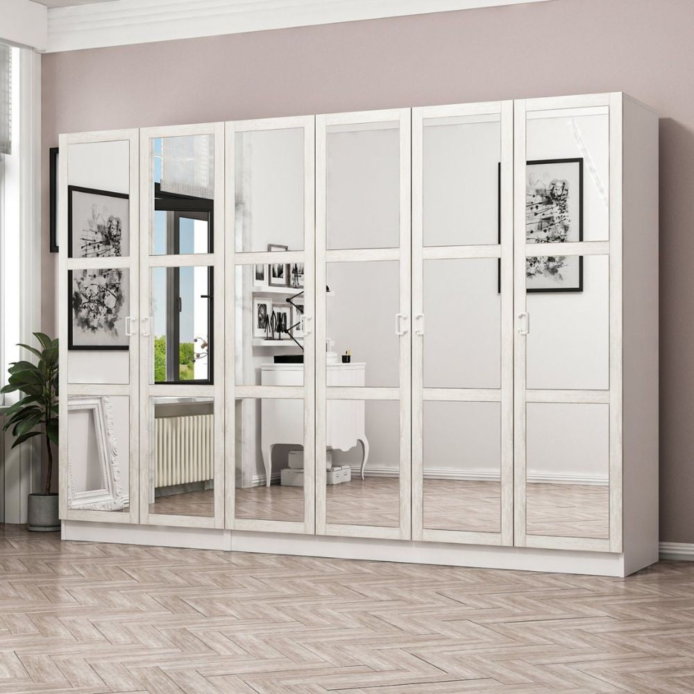 Armadio Kale colore bianco con 6 ante battenti a specchio