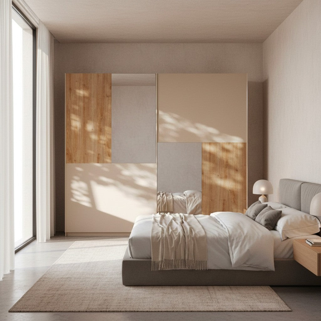 Armadio Myla con due ante scorrevoli con specchi rovere kadiz e cachemire