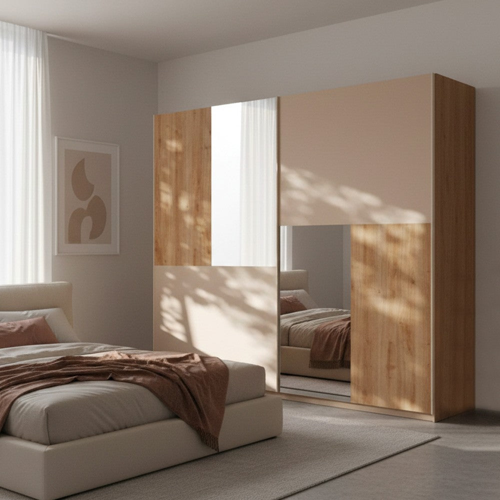 Armadio Myla con due ante scorrevoli con specchi rovere kadiz e cachemire