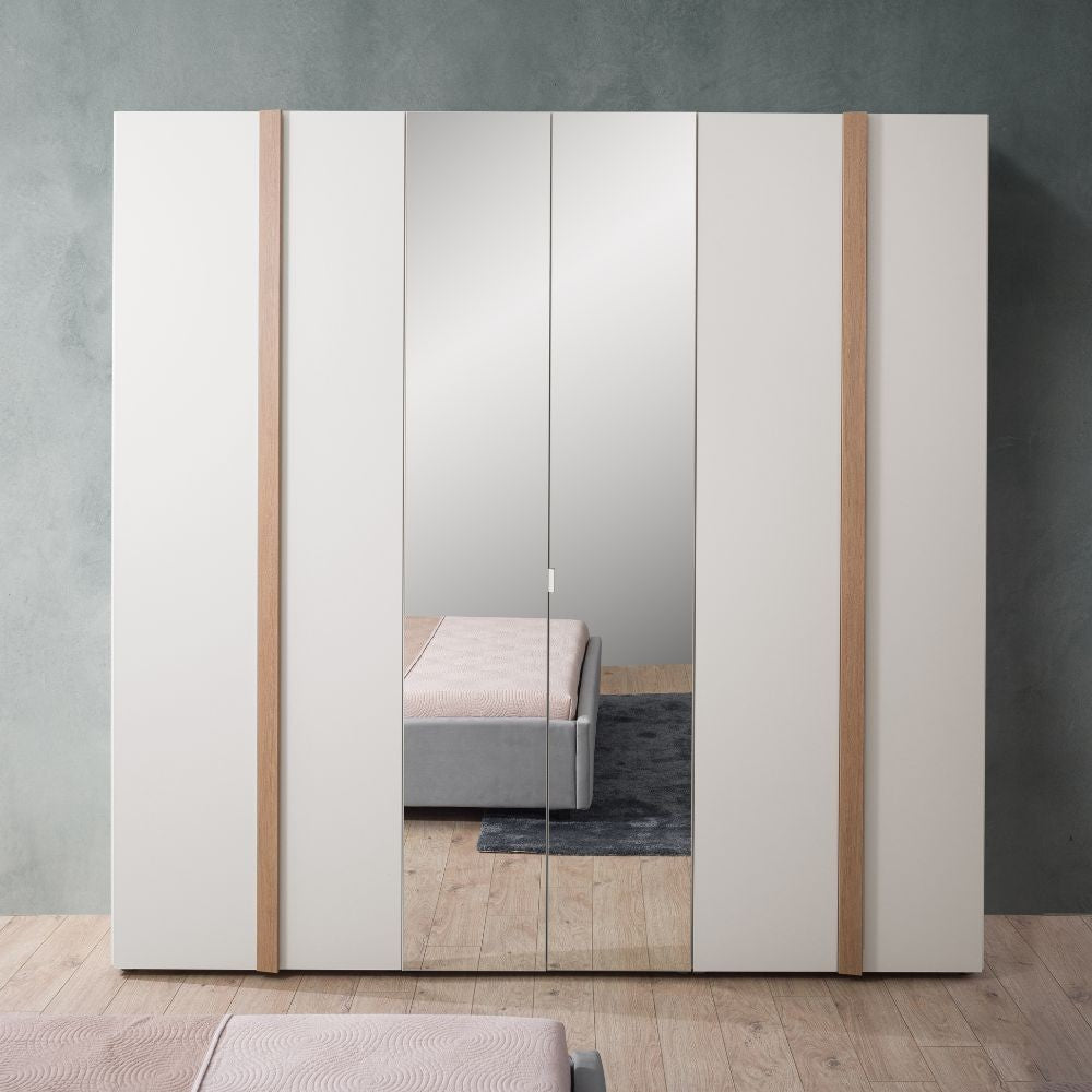 Camera da letto Amor con armadio 6 ante con specchio e letto imbottito con contenitore colore bianco e dettagli rovere
