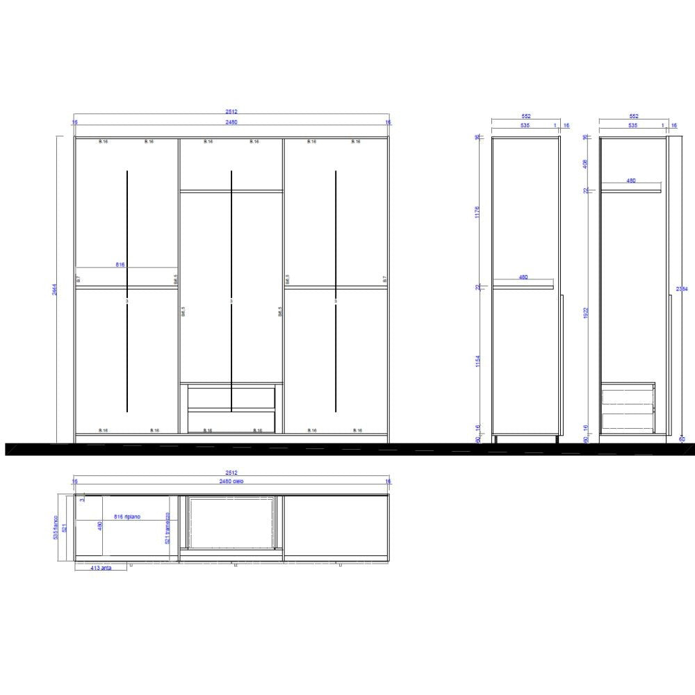 Camera da letto Corinna con armadio 6 ante battenti e letto in legno colore olmo