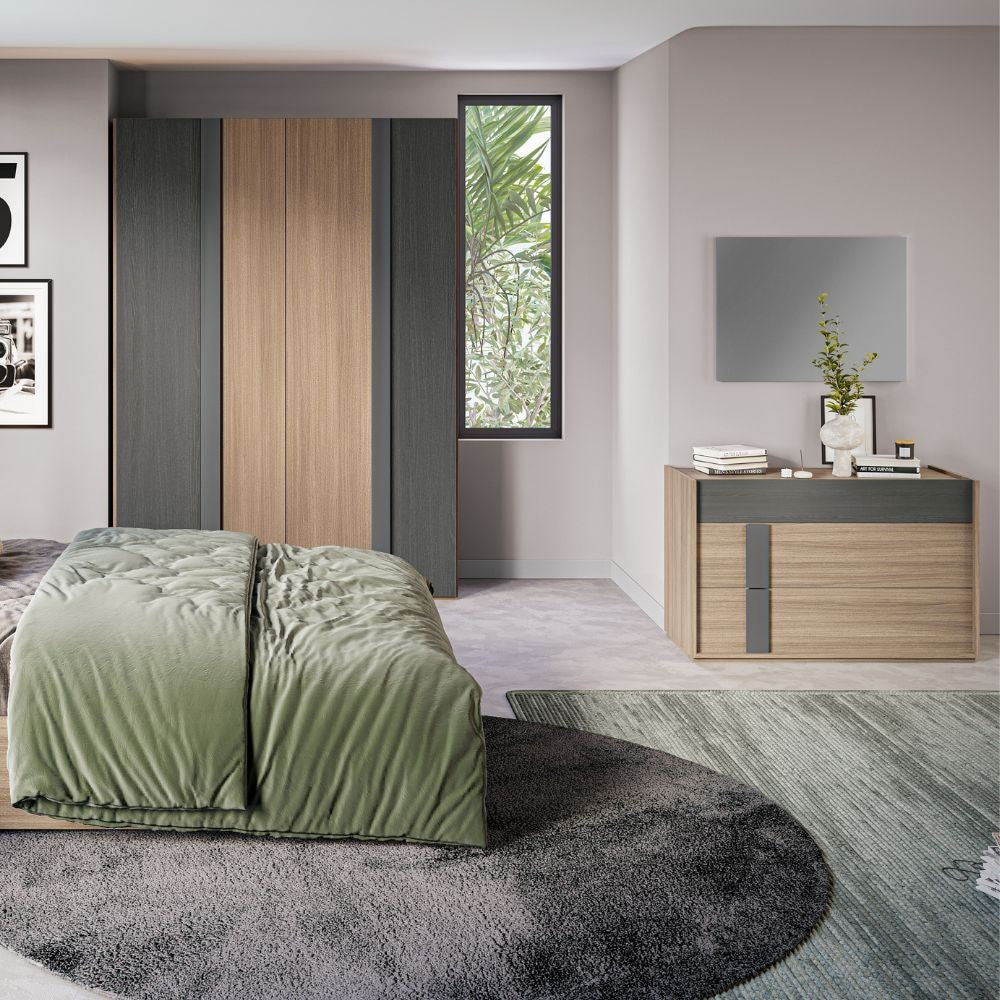 Camera da letto Faba con armadio 4 ante noce e grigio e letto contenitore in legno noce