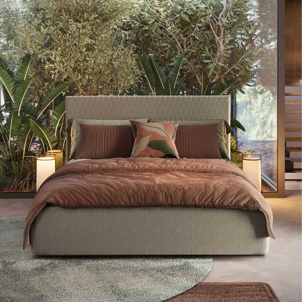 Camera da letto Faba con armadio 6 ante battenti in noce e talco e con letto contenitore imbottito Parigi in tessuto corda