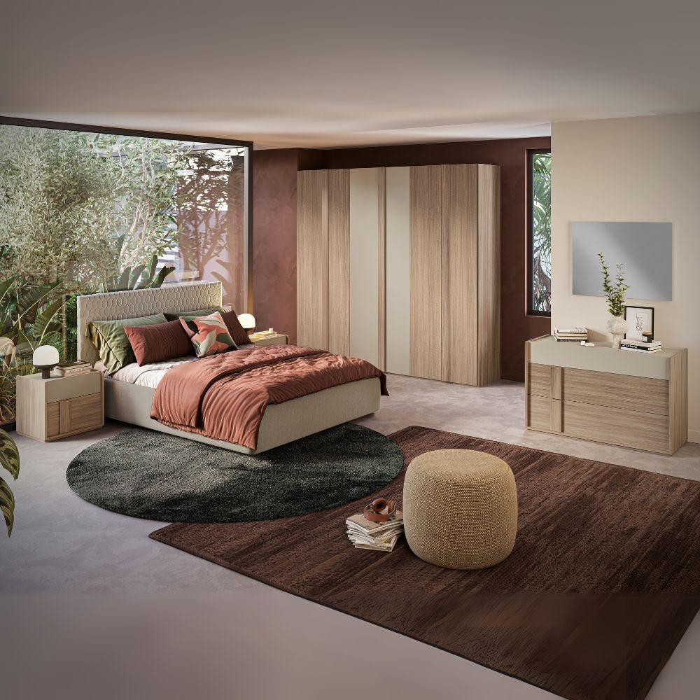 Camera da letto Faba con armadio 6 ante battenti in noce e talco e con letto contenitore imbottito Parigi in tessuto corda