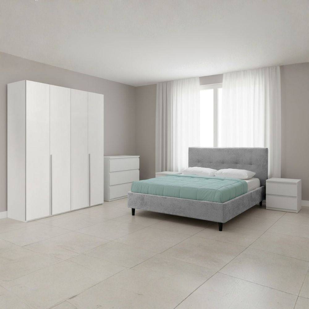Camera da letto Georgie con armadio 4 ante bianco larice e letto Snello grigio chiaro