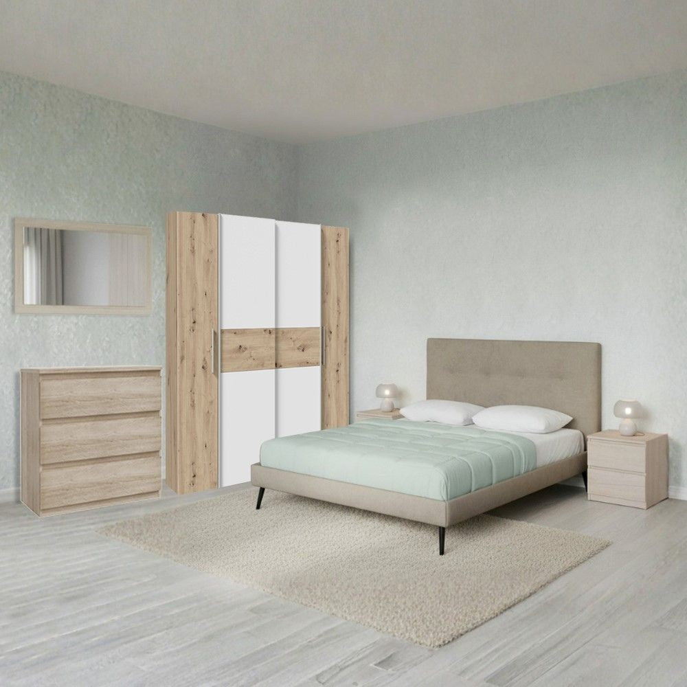 Camera da letto Milk con armadio 2 ante scorrevoli e 2 ante battenti rovere e bianco e letto Stiletto tortora