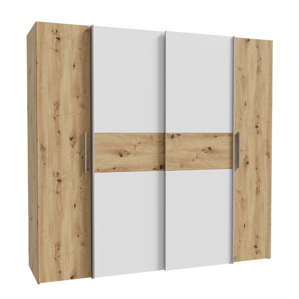 Camera da letto Milk con armadio 2 ante scorrevoli e 2 ante battenti rovere e bianco e letto Stiletto tortora