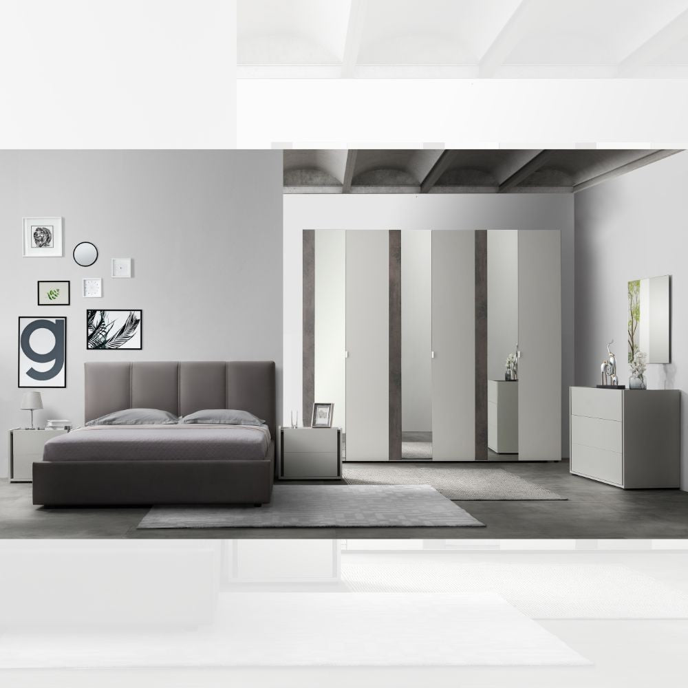 Camera da letto Mirelle colore grigio perla e ossido grigio scuro con armadio 6 ante a specchi e letto contenitore