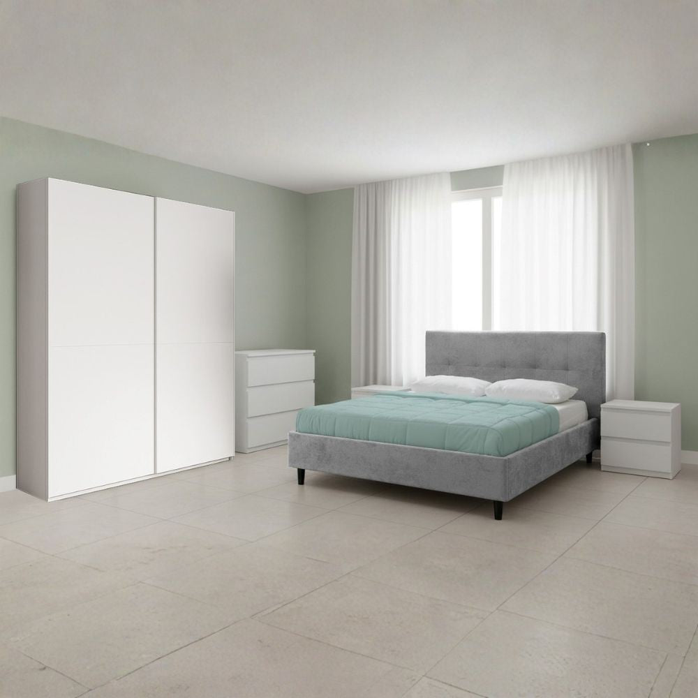 Camera da letto Rango con armadio 2 ante bianco opaco e letto Snello grigio chiaro