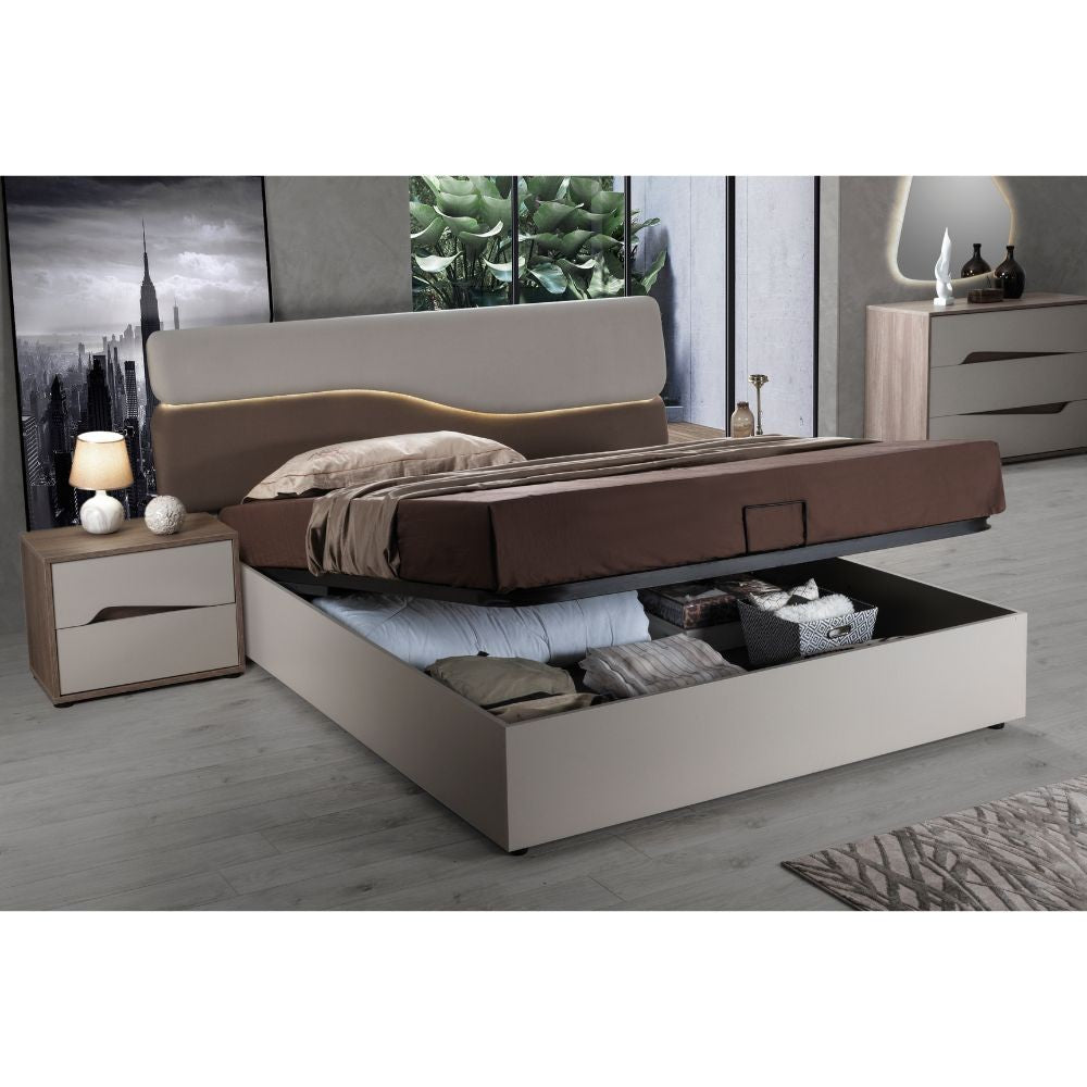 Camera da letto Soleil con letto contenitore colore cashmere e olmo biscotto