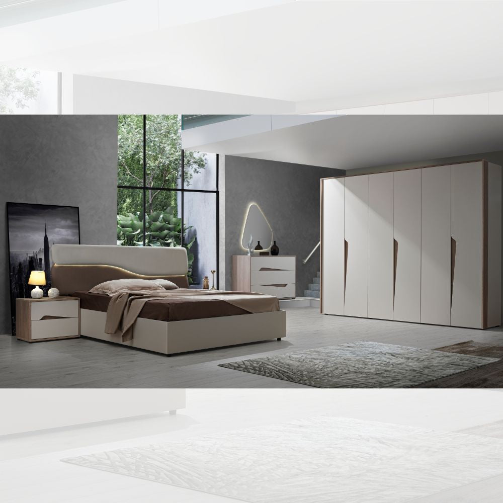 Camera da letto Soleil con letto contenitore colore cashmere e olmo biscotto