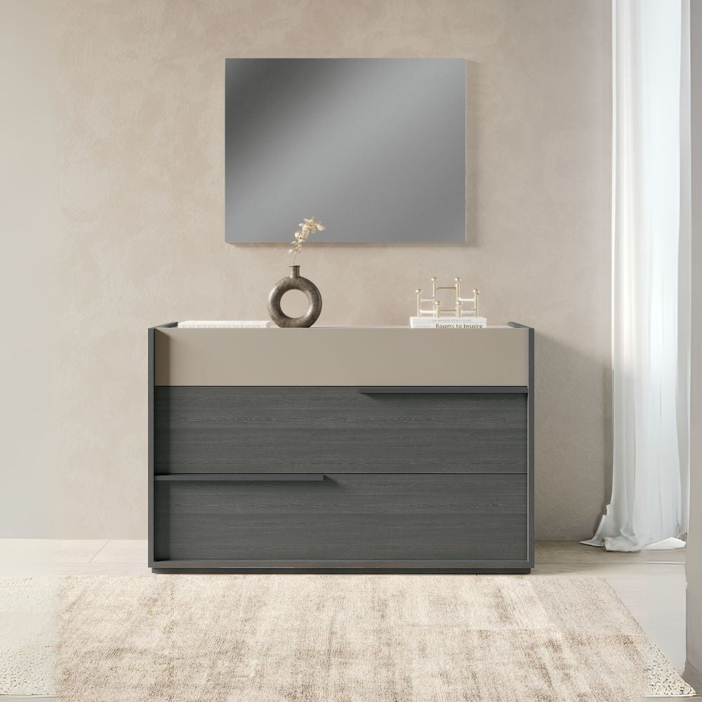 Camera da letto Tania con armadio 2 ante scorrevoli con specchi e letto contenitore in legno in colori grigio e talco