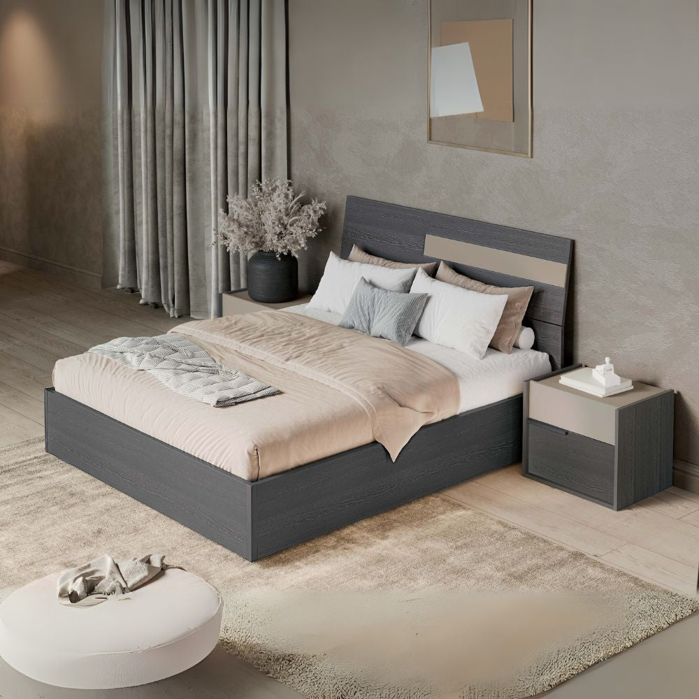 Camera da letto Tania con armadio 2 ante scorrevoli con specchi e letto contenitore in legno in colori grigio e talco