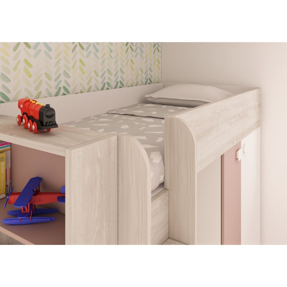 Cameretta 1262 con letto a castello con due cassettoni e armadio reversibile colore bianco consumato e rosa antico