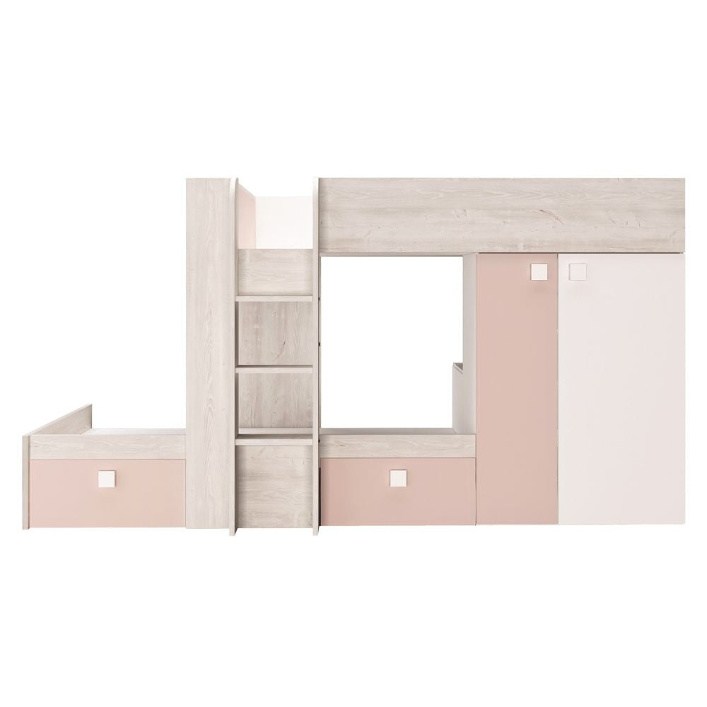 Cameretta 1262 con letto a castello con due cassettoni e armadio reversibile colore bianco consumato e rosa antico