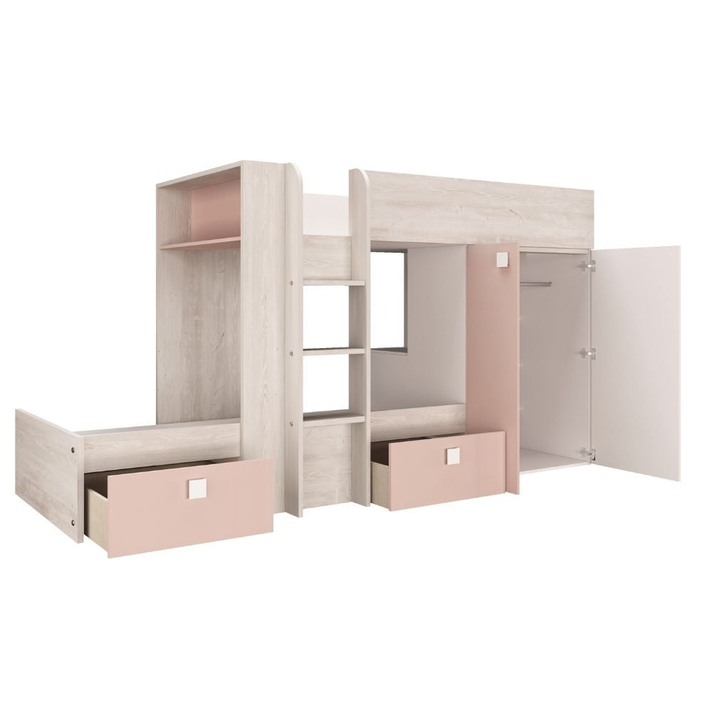 Cameretta 1262 con letto a castello con due cassettoni e armadio reversibile colore bianco consumato e rosa antico