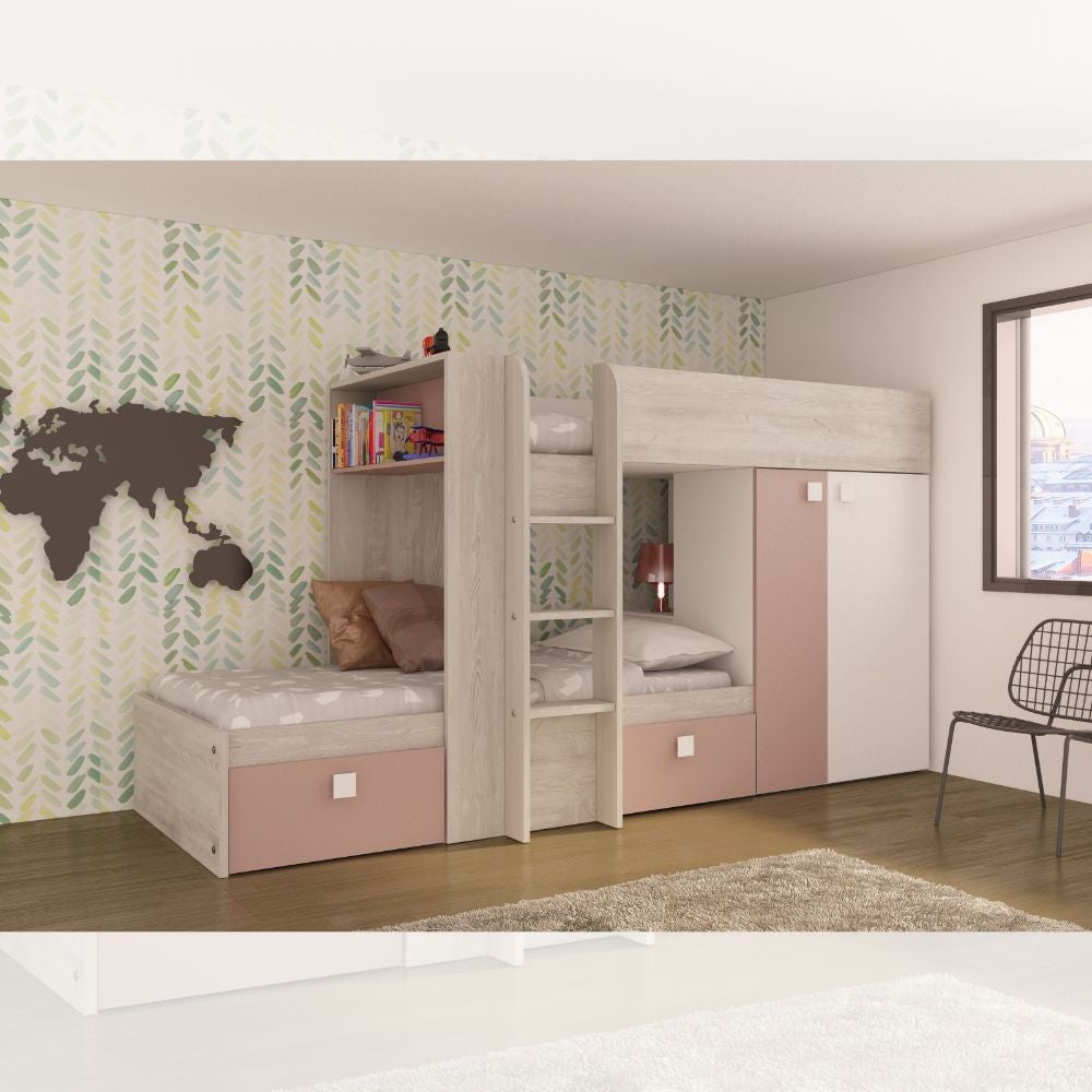 Cameretta 1262 con letto a castello con due cassettoni e armadio reversibile colore bianco consumato e rosa antico