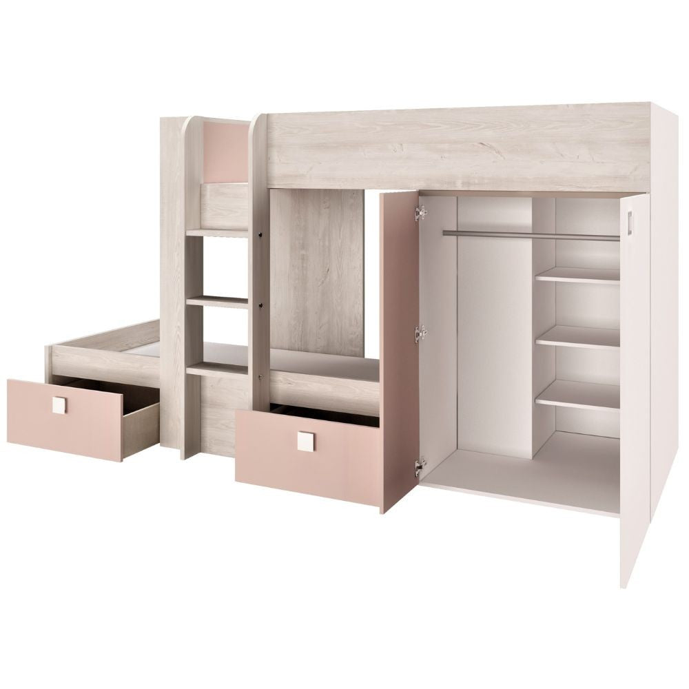 Cameretta 1262 con letto a castello con due cassettoni e armadio reversibile colore bianco consumato e rosa antico