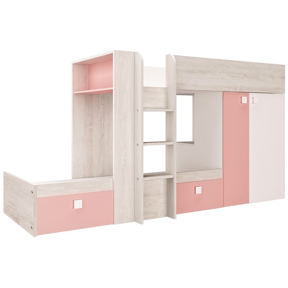 Cameretta 1267 con letto a castello con due cassettoni e armadio reversibile colore bianco consumato e rosa flamingo
