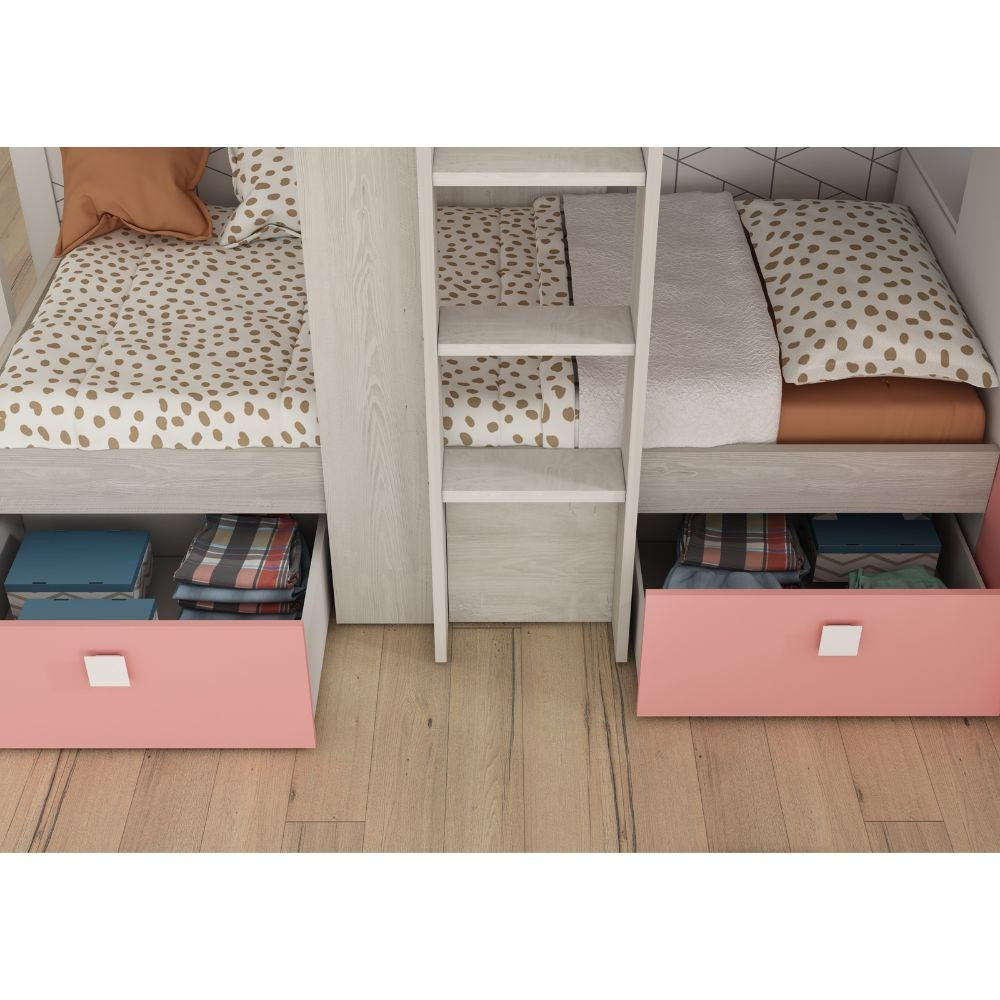 Cameretta 1267 con letto a castello con due cassettoni e armadio reversibile colore bianco consumato e rosa flamingo