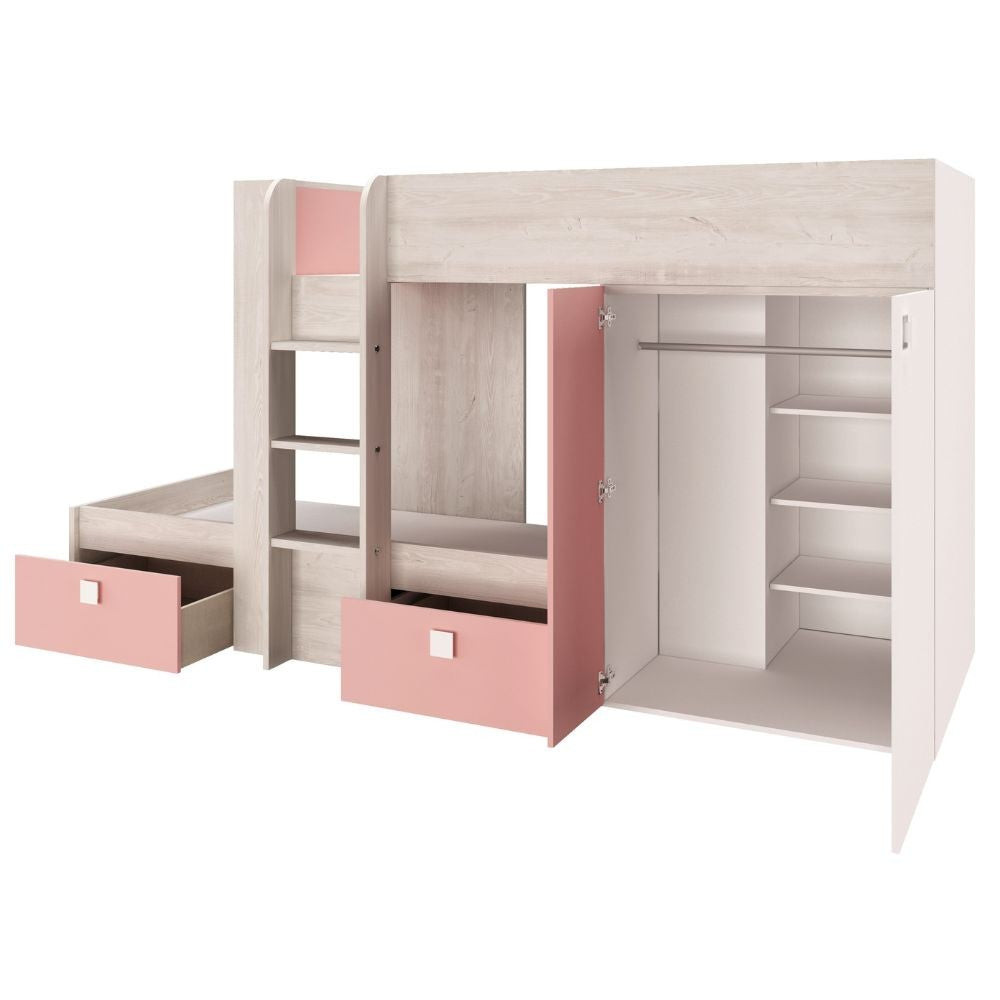 Cameretta 1267 con letto a castello con due cassettoni e armadio reversibile colore bianco consumato e rosa flamingo