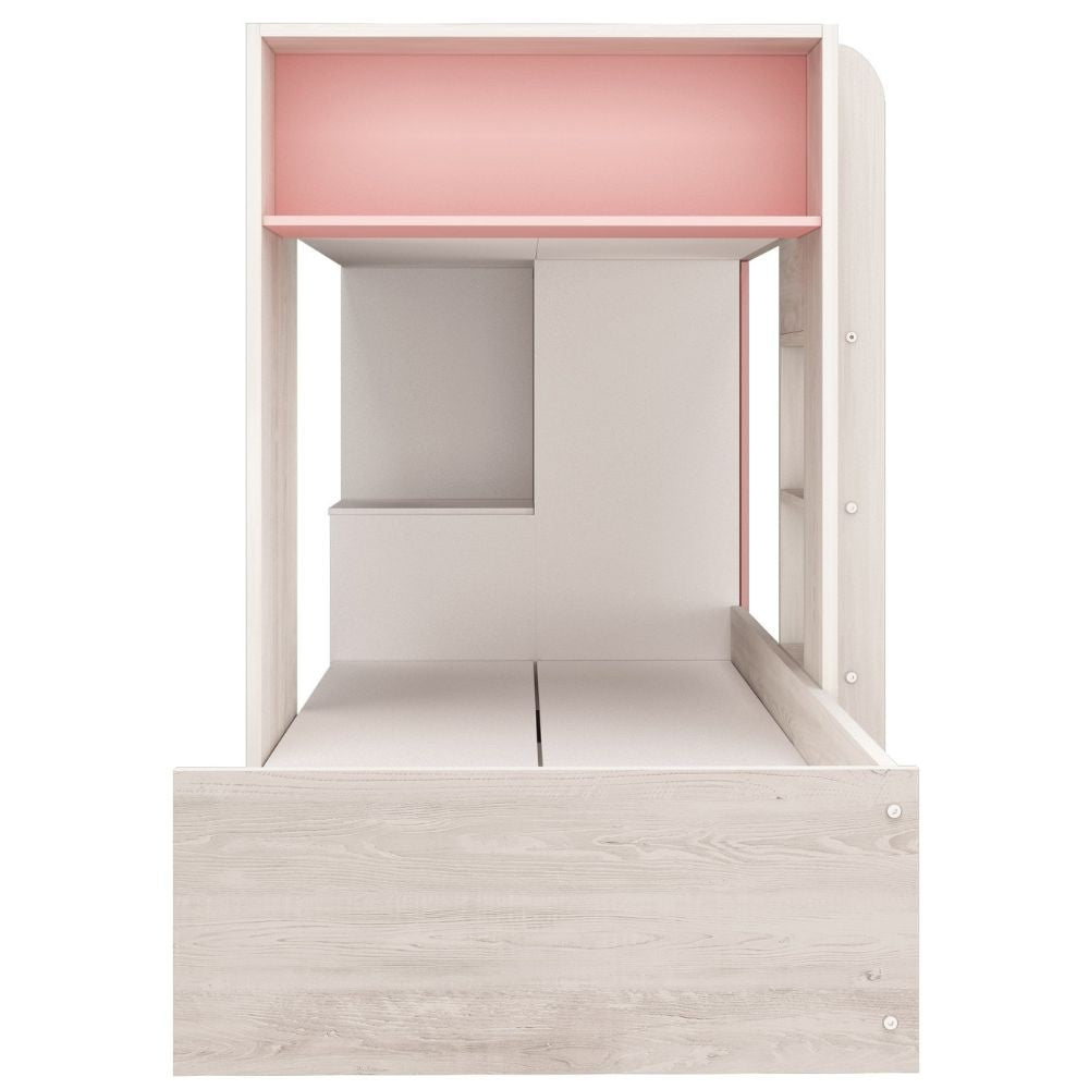 Cameretta 1267 con letto a castello con due cassettoni e armadio reversibile colore bianco consumato e rosa flamingo