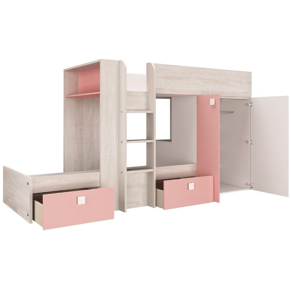Cameretta 1267 con letto a castello con due cassettoni e armadio reversibile colore bianco consumato e rosa flamingo