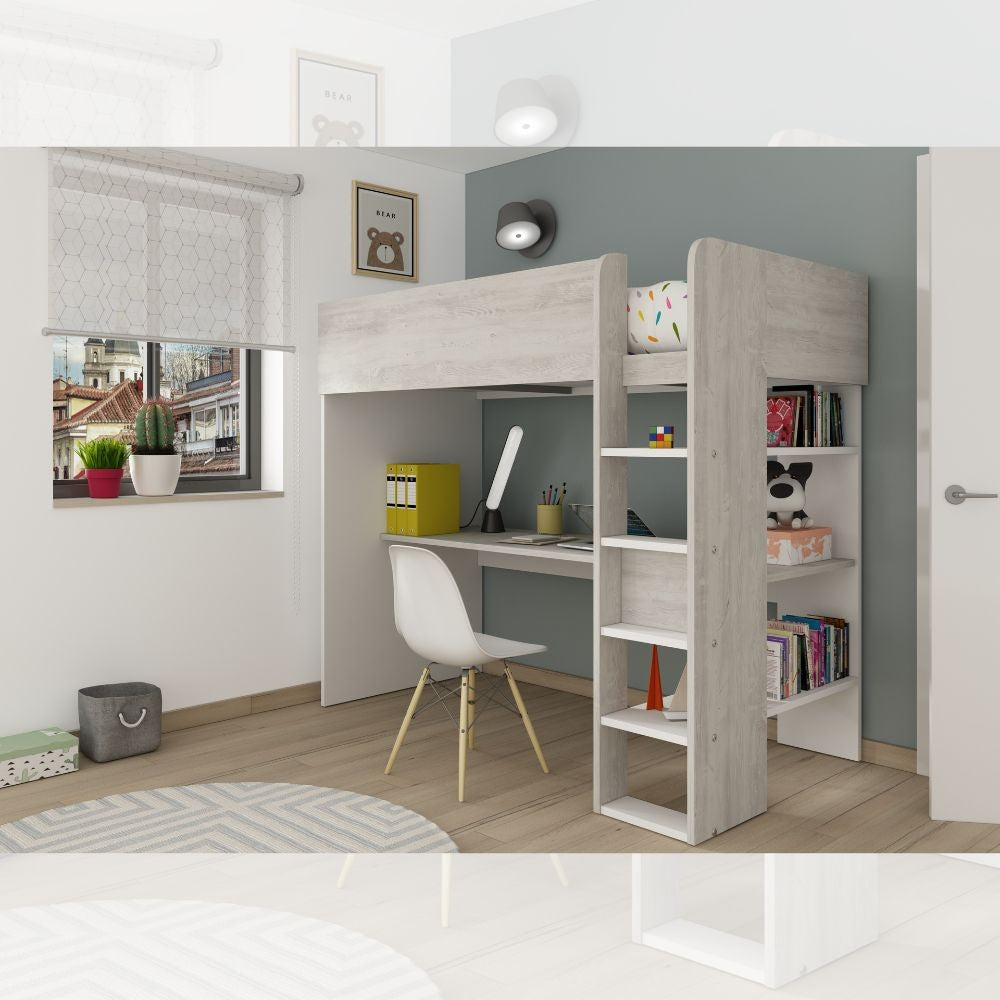 Cameretta 2278 con letto a soppalco con scrivania sottostante colore bianco e bianco consumato