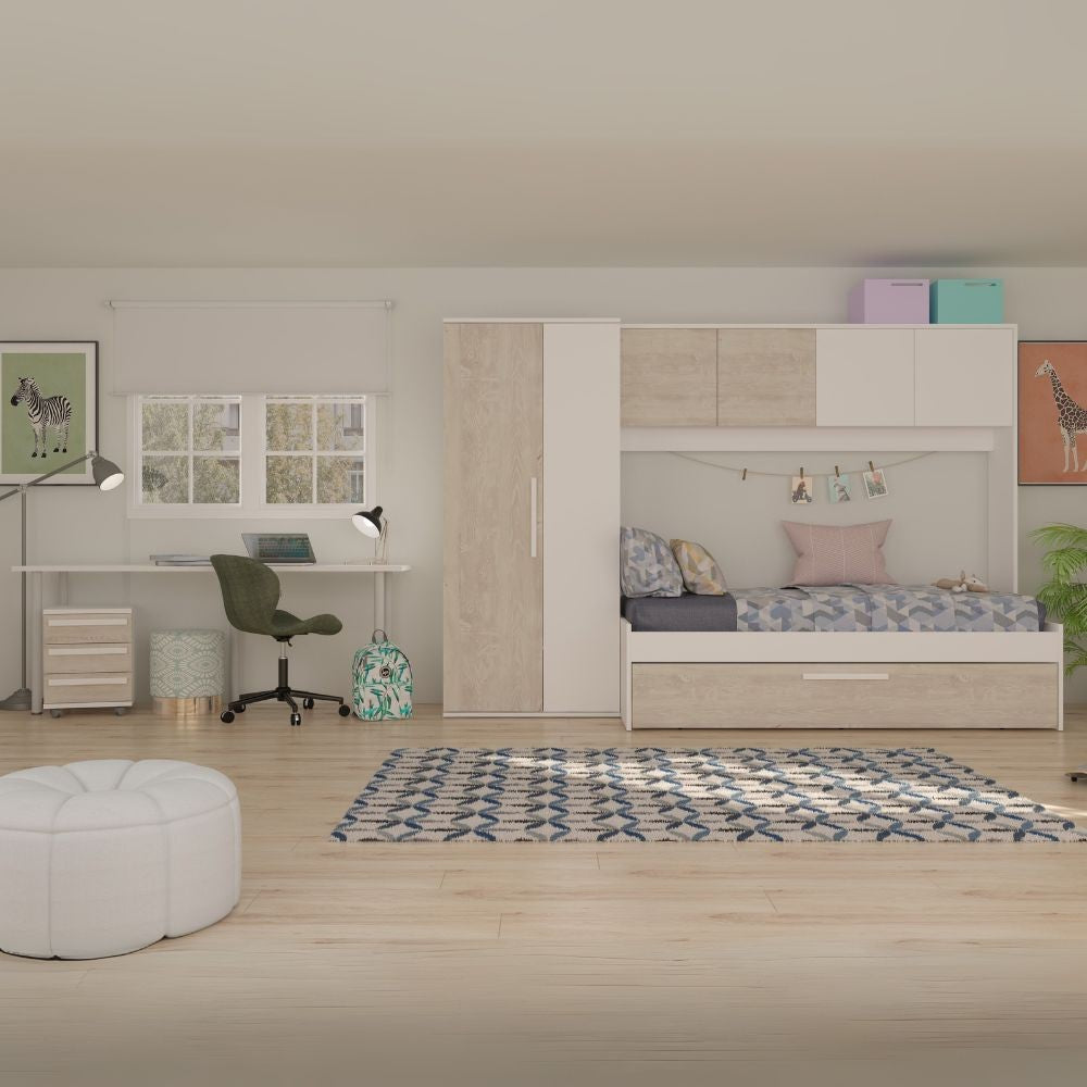 Cameretta a ponte 6006 con letto estraibile e armadio colore bianco consumato e bianco reversibile