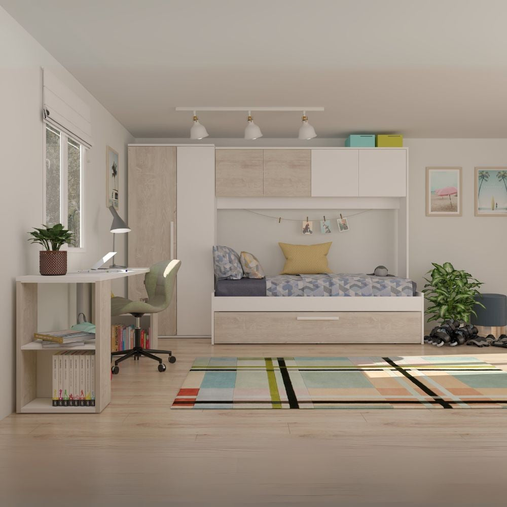 Cameretta a ponte 6006 con letto estraibile e armadio colore bianco consumato e bianco reversibile