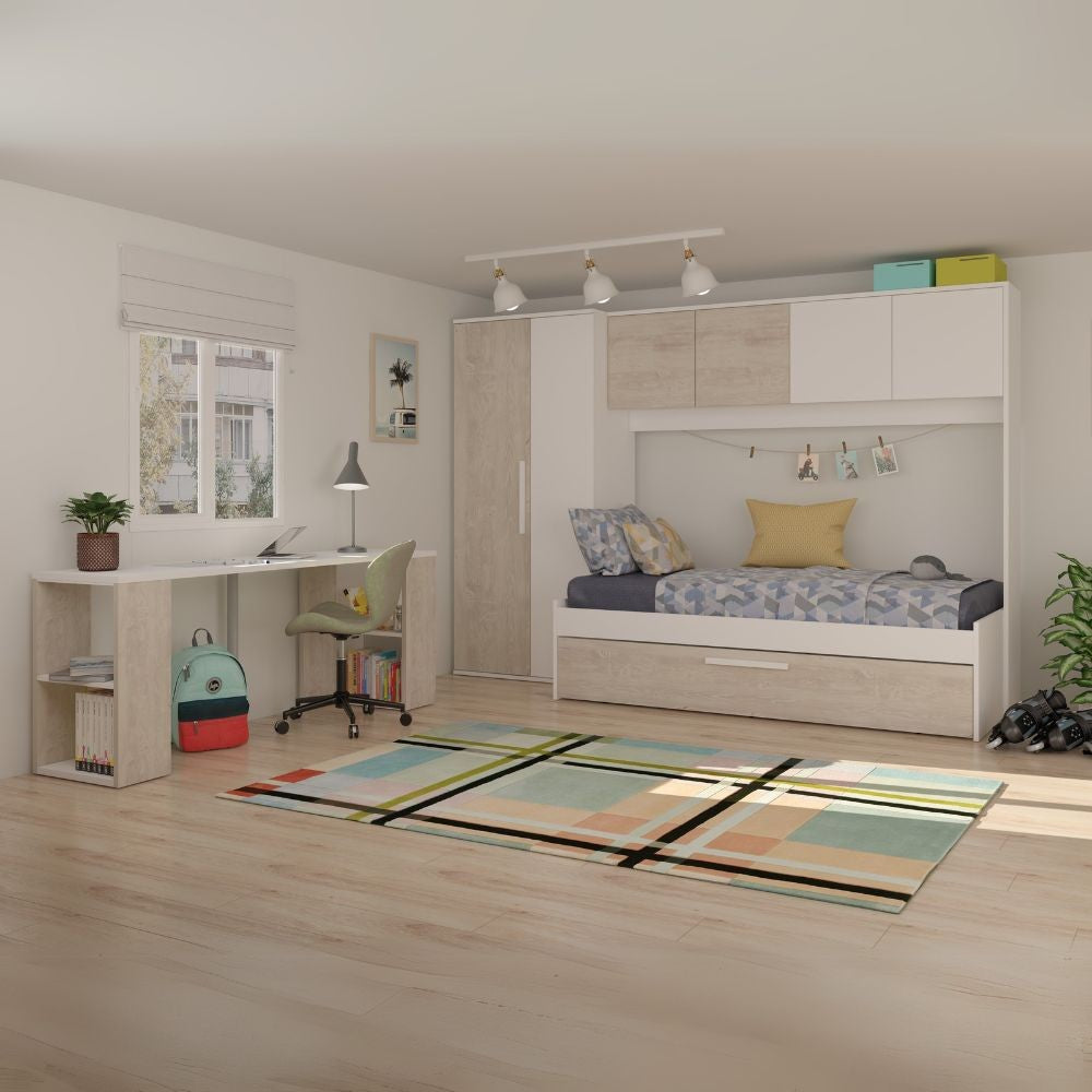 Cameretta a ponte 6006 con letto estraibile e armadio colore bianco consumato e bianco reversibile