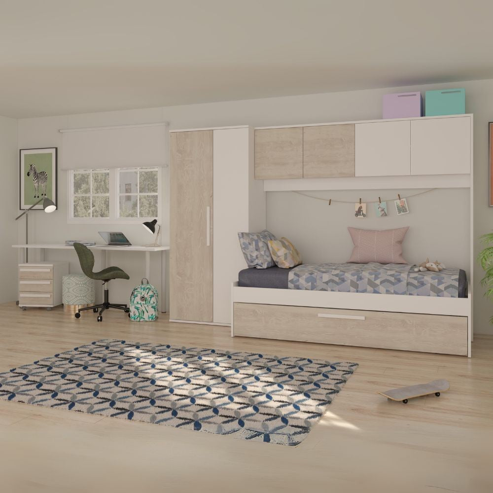 Cameretta a ponte 6006 con letto estraibile e armadio colore bianco consumato e bianco reversibile