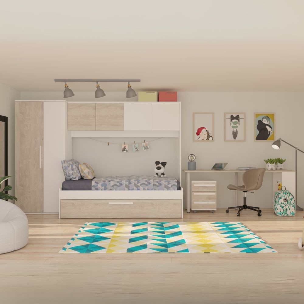 Cameretta a ponte 6006 con letto estraibile e armadio colore bianco consumato e bianco reversibile
