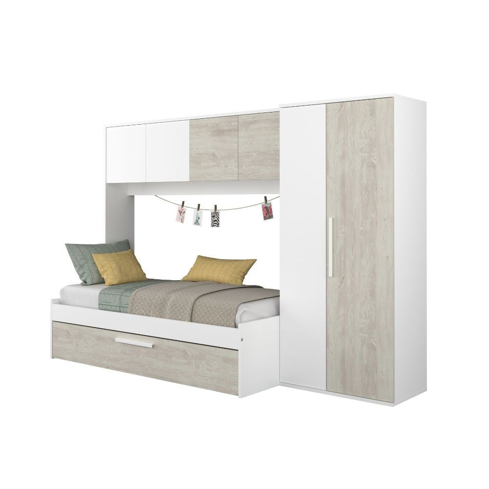 Cameretta a ponte 6006 con letto estraibile e armadio colore bianco consumato e bianco reversibile