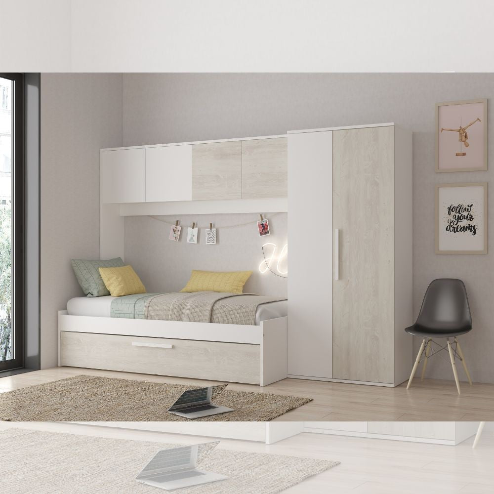 Cameretta a ponte 6006 con letto estraibile e armadio colore bianco consumato e bianco reversibile