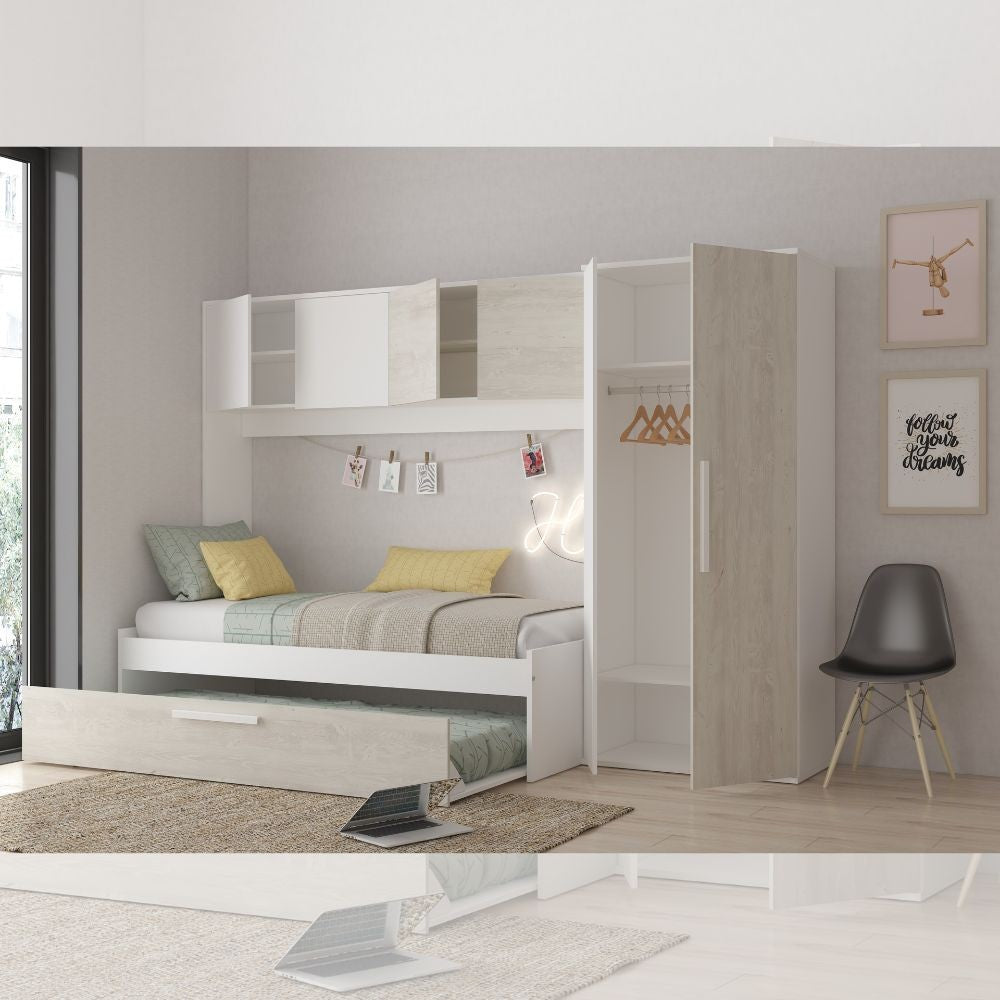 Cameretta a ponte 6006 con letto estraibile e armadio colore bianco consumato e bianco reversibile