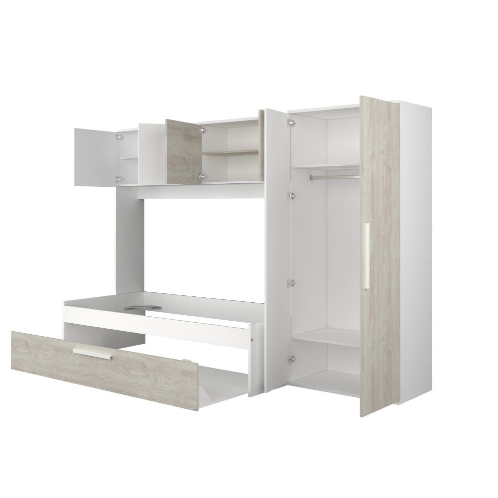 Cameretta a ponte 6006 con letto estraibile e armadio colore bianco consumato e bianco reversibile