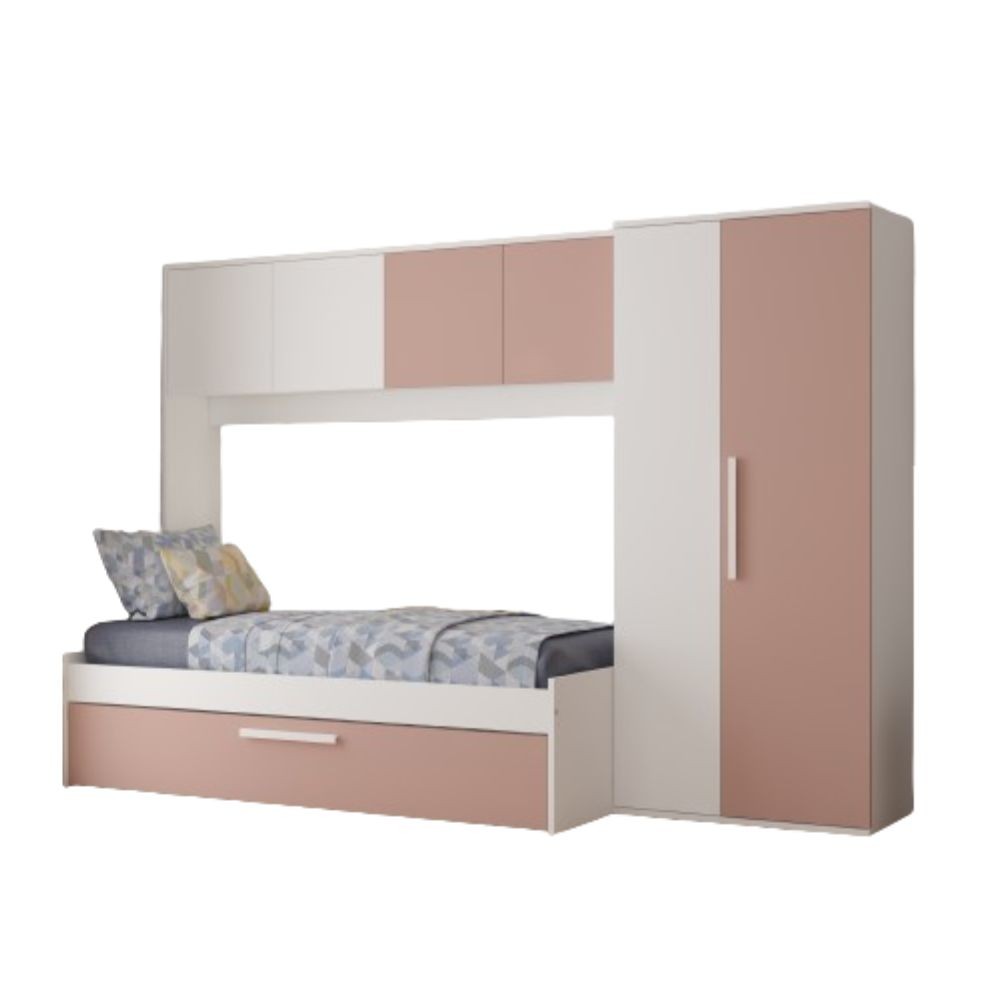 Cameretta a ponte 6007 con letto estraibile e armadio colore bianco e rosa antico reversibile