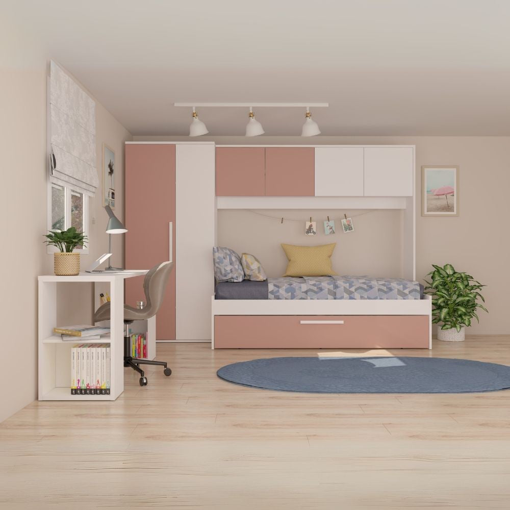 Cameretta a ponte 6007 con letto estraibile e armadio colore bianco e rosa antico reversibile