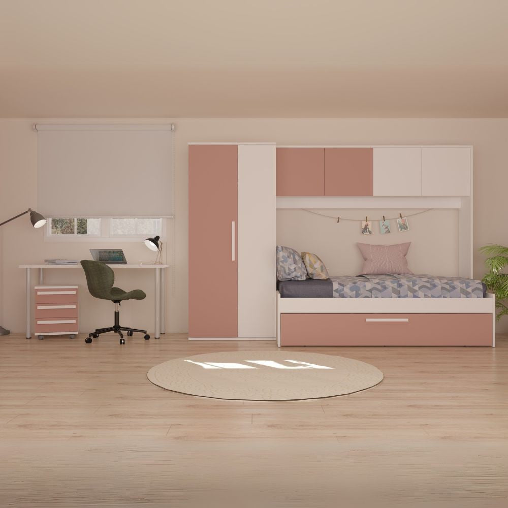 Cameretta a ponte 6007 con letto estraibile e armadio colore bianco e rosa antico reversibile