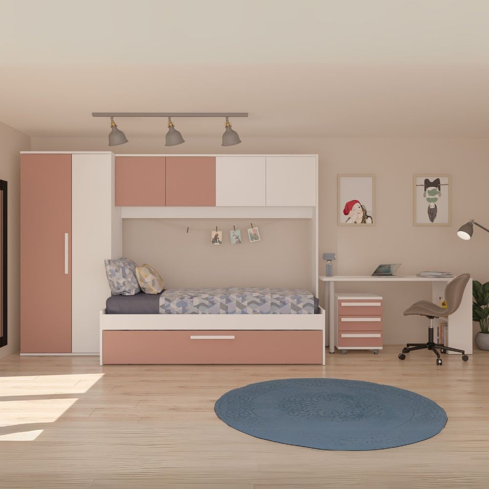 Cameretta a ponte 6007 con letto estraibile e armadio colore bianco e rosa antico reversibile