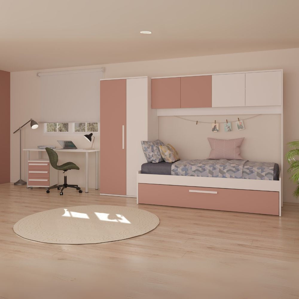 Cameretta a ponte 6007 con letto estraibile e armadio colore bianco e rosa antico reversibile