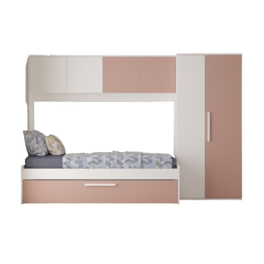 Cameretta a ponte 6007 con letto estraibile e armadio colore bianco e rosa antico reversibile