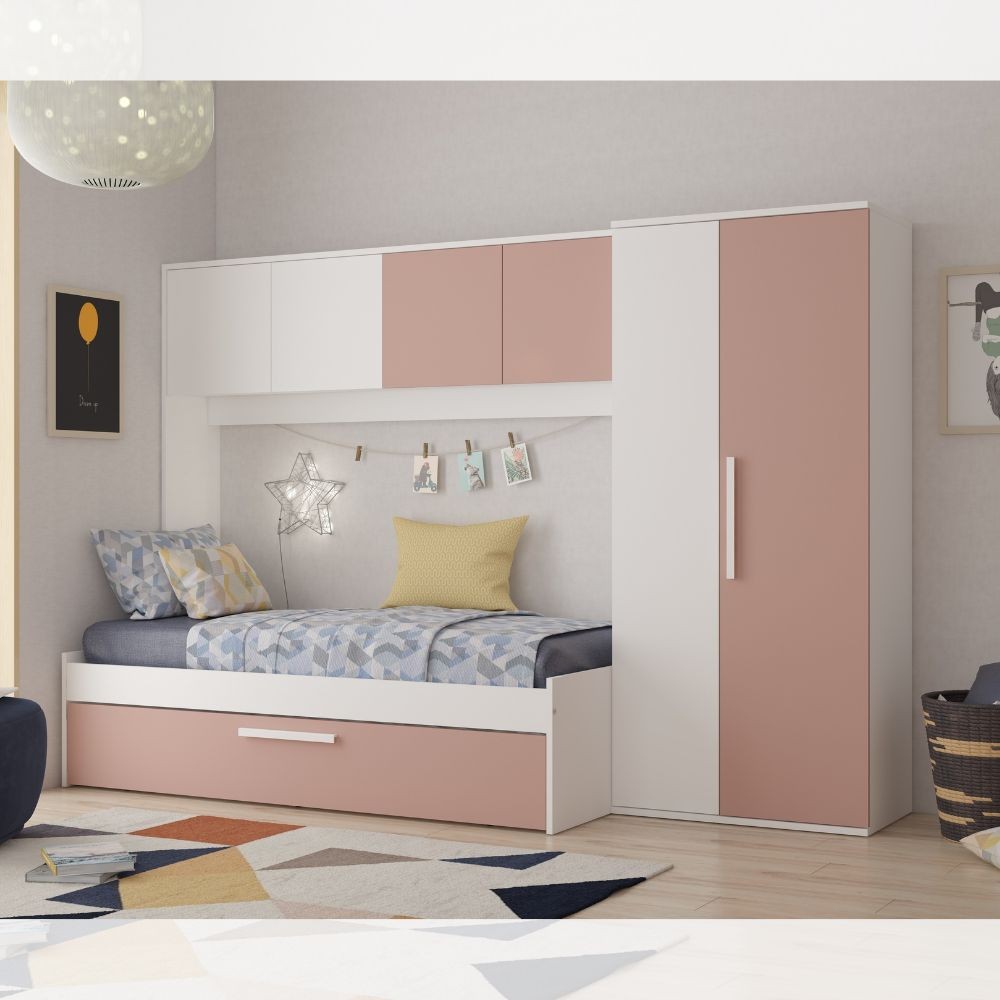 Cameretta a ponte 6007 con letto estraibile e armadio colore bianco e rosa antico reversibile