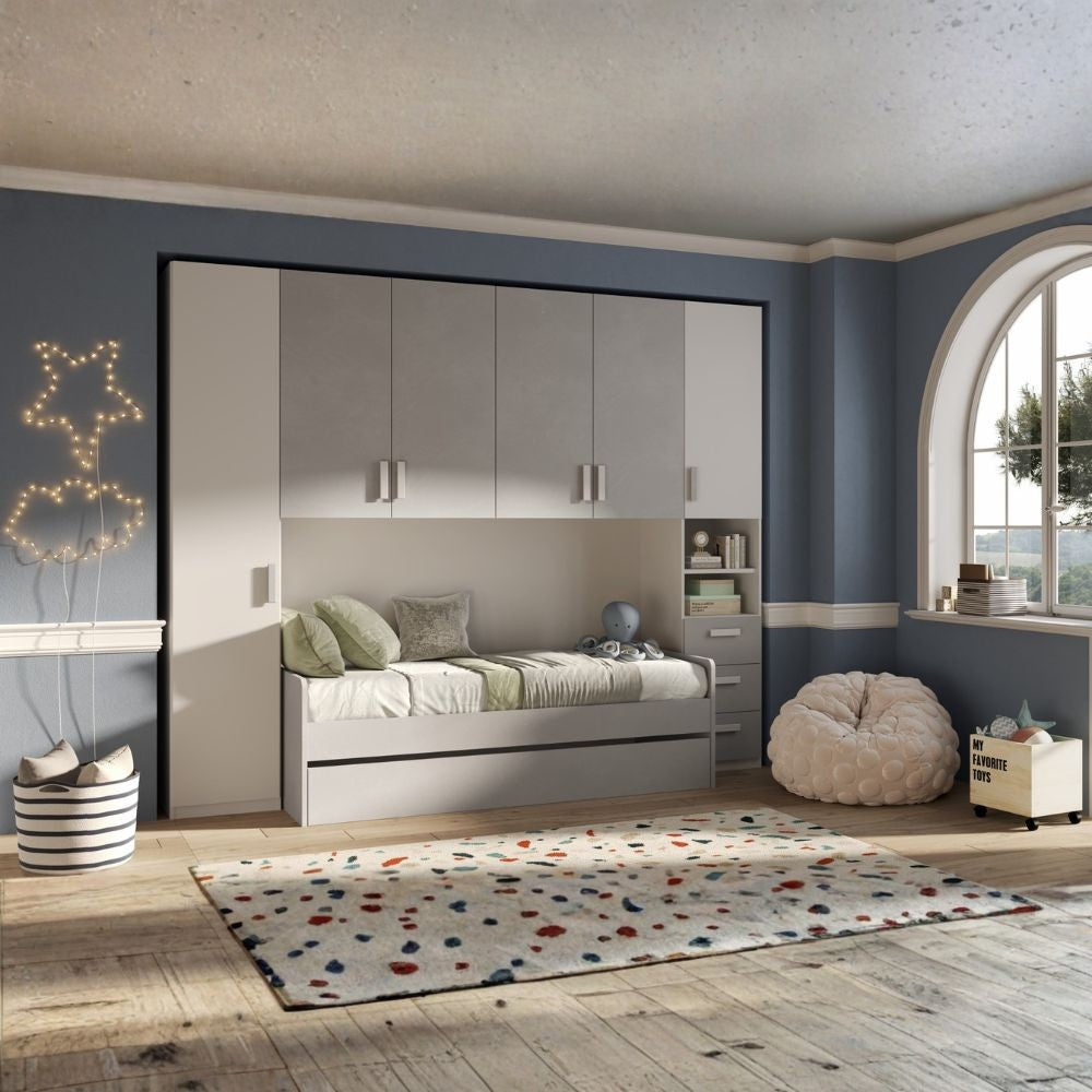 Cameretta a ponte Gilbert bianco opaco e gesso con letto estraibile
