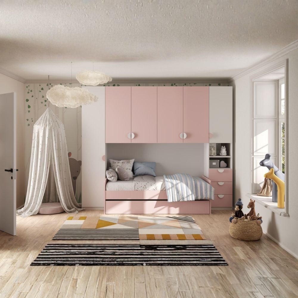 Cameretta a ponte Gilbert bianco opaco e rosa flamingo con letto estraibile