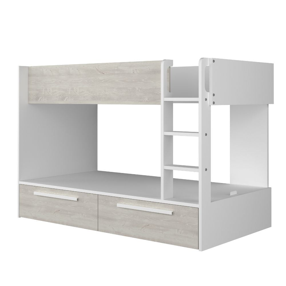 Cameretta con letto a castello con cassettoni colore bianco consumato e bianco reversibile